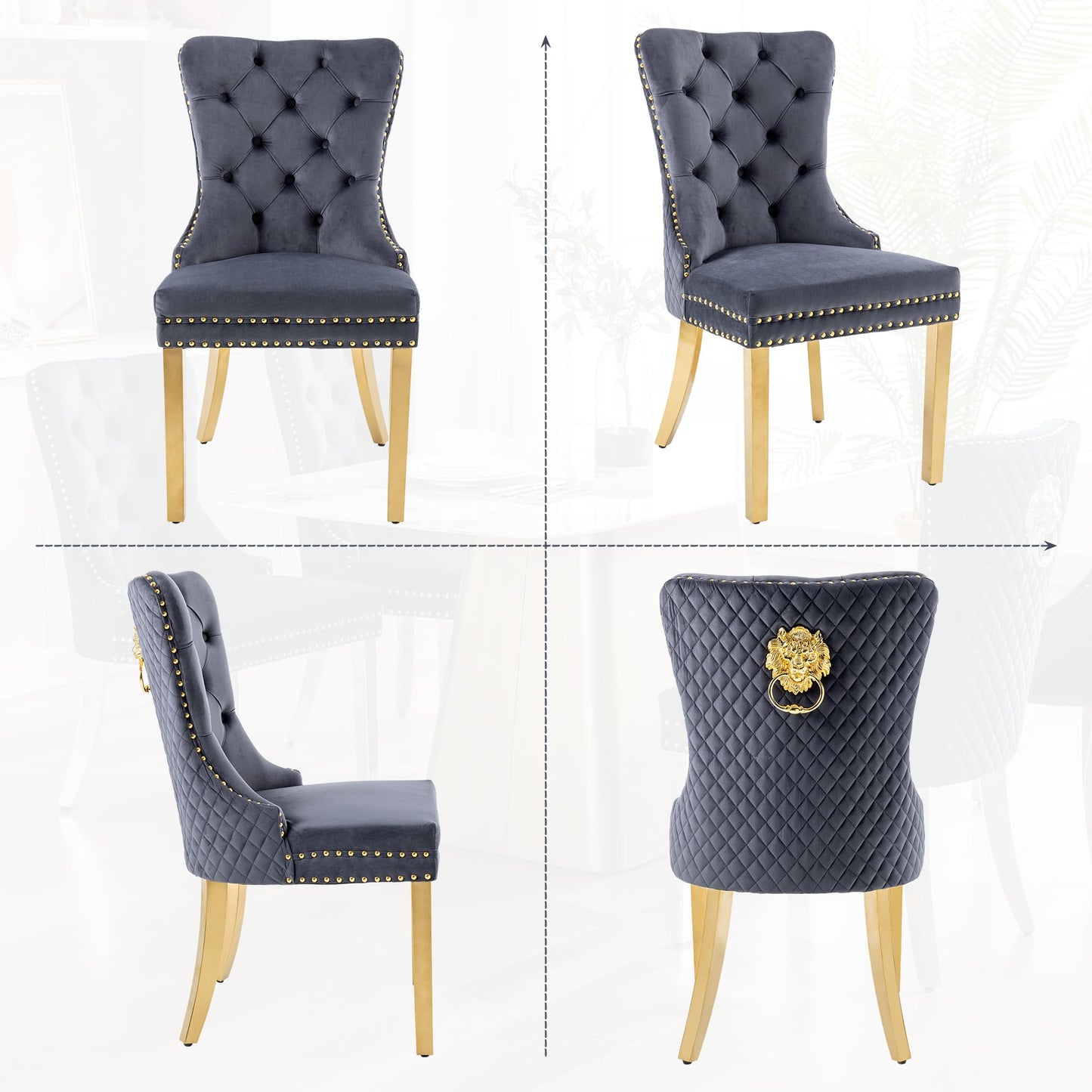 GOOLON Velvet Dining Chairs Set of 6, Upholstered Dining Room Chairs, Mid-Century Modern Chairs with Diamond Lattice Tufted Back, Lion Pull Ring Rivet Trim, Golden Metal Legs for Kitchen, Dark Grey