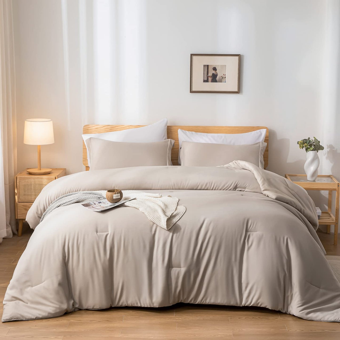 weigelia Queen Comforter Set 7 Pieces Oatmeal Comforters Queen Size Soft Fluffy Bedding Comforter Set with Fitted Sheets, Flat Sheets, Pillow Shams, and Pillowcases