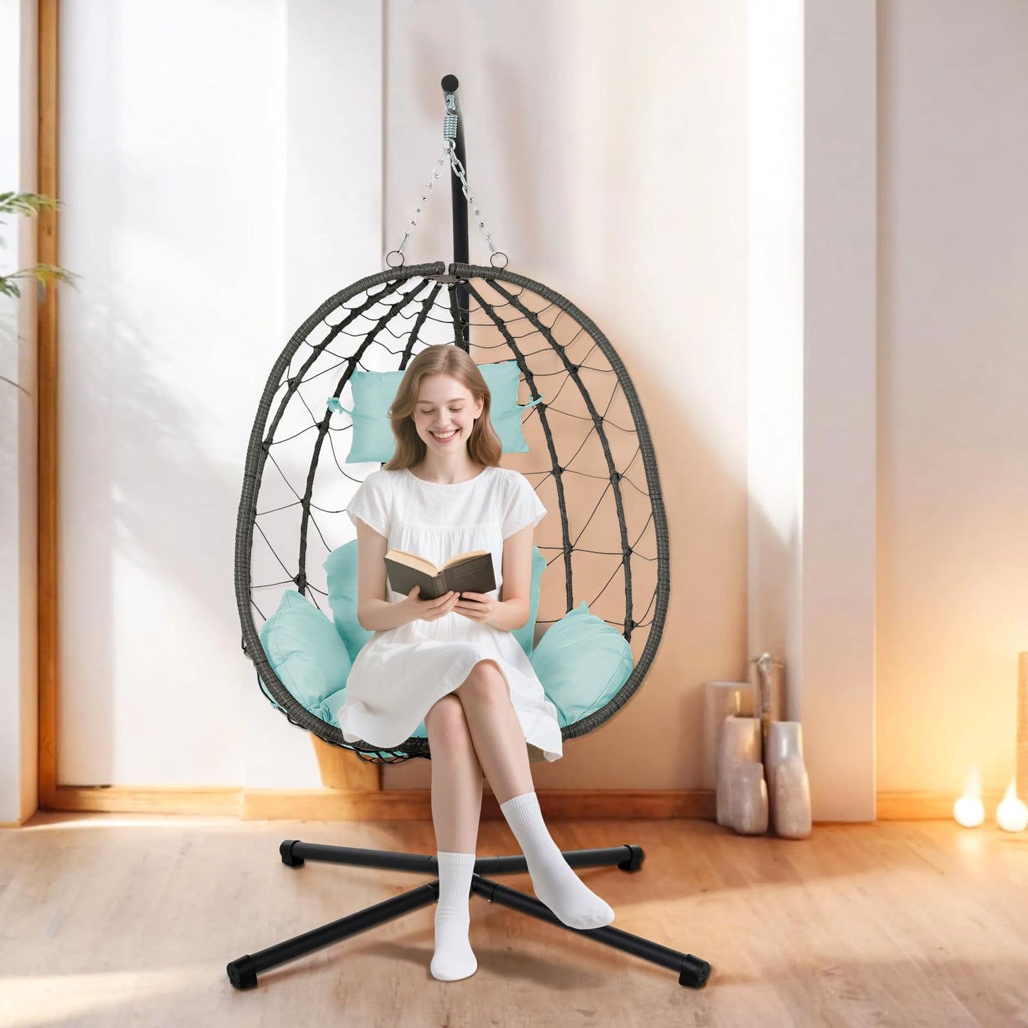 Hanging Egg Chair with Stand Egg Chair Indoor Outdoor, Patio Swing Hammock Egg Chairs, UV Resistant Removable & Washable Thicken Padded Cushions, 350LBS Capacity for Bedroom, Balcony, Garden, Blue