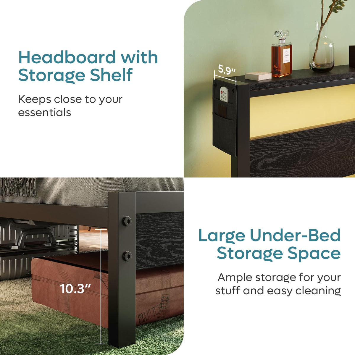 Bestier Queen Bed Frame with Headboard Storage and Charging Station, Black Platform Bed Frame with LED Light, Non-Slip Metal Bed Frame Queen Size, Noise-Free, Easy Assembly, Black