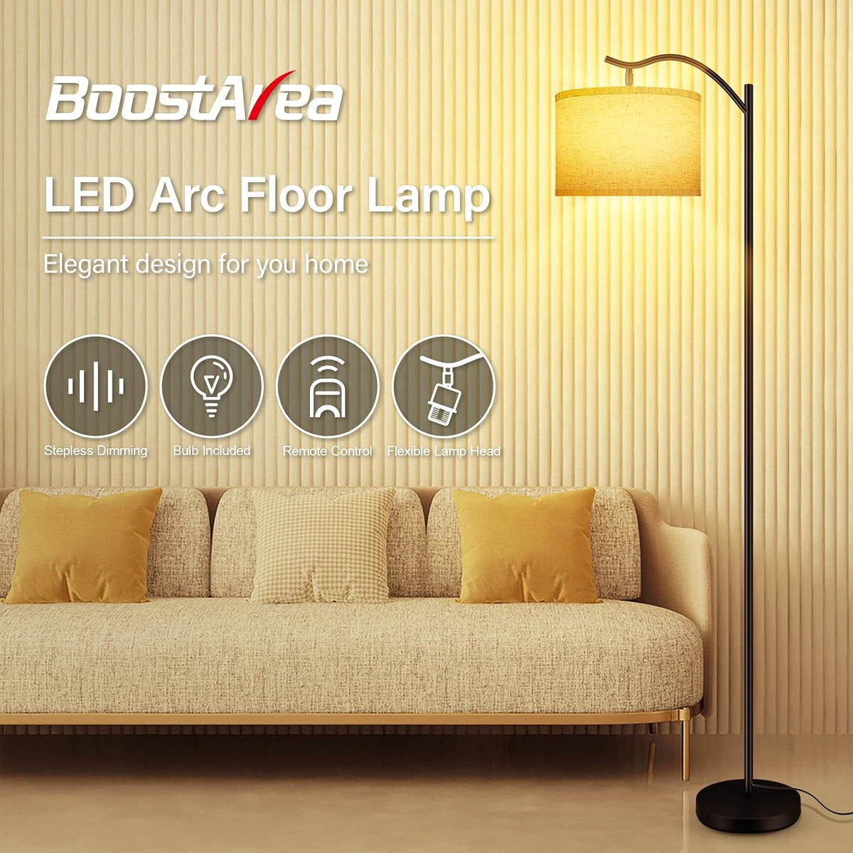 BoostArea Floor Lamp for Living Room,Arc Floor Lamp with Remote Control,Stepless Dimmable Brightness & Colors Temperature 2700k-6500k,Modern Standing Lamp for Bedroom Study Room Office,Beige
