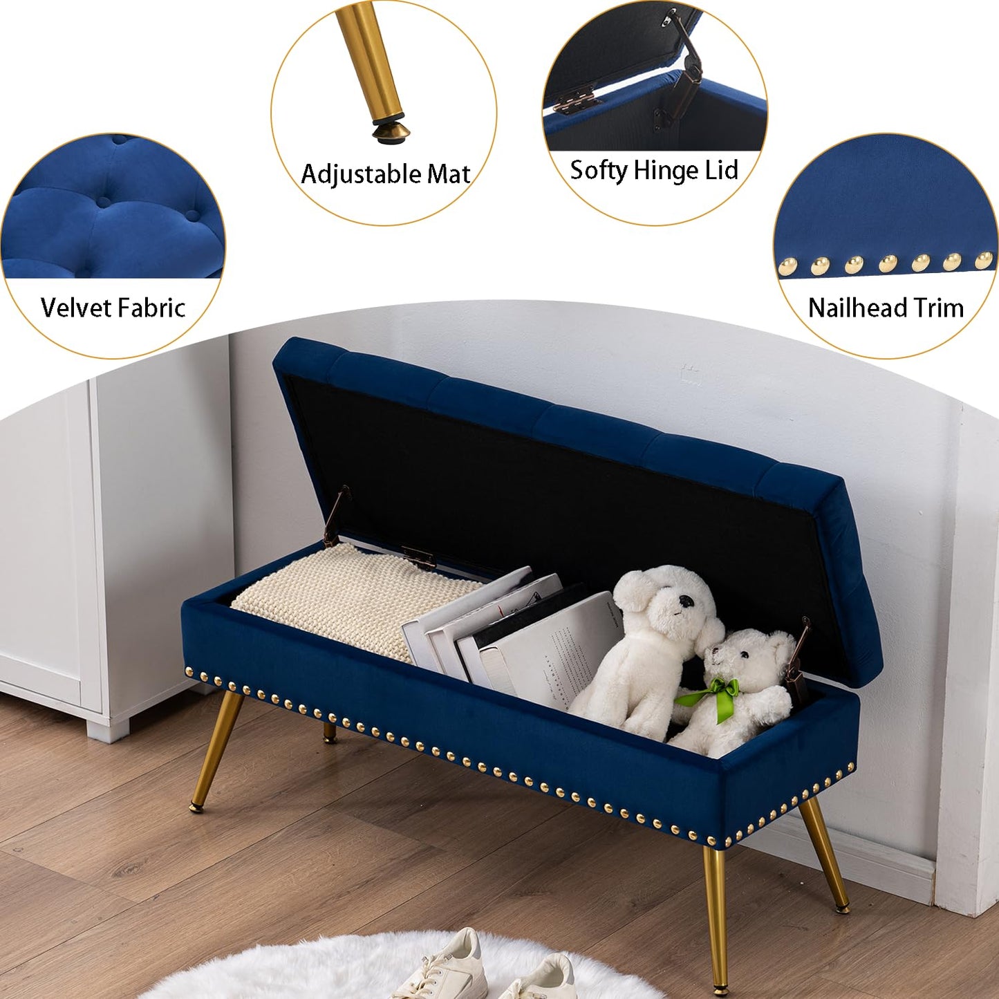 AIITTCC Velvet Storage Bench with Gold Legs& Nailhead Trim, 40" Wide Upholstered Modern Bedroom Bench for End of Bed, Tufted Ottoman for Entryway Living Room Dining Room (Navy Blue, 40" Wide)