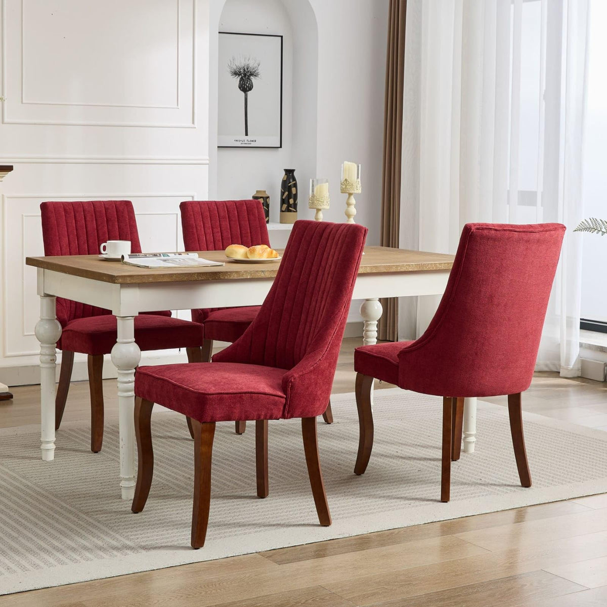 BEIDOR Dining Chairs Set of 6,Comfy Fabric Upholstered Accent Chairs for Kitchen Living Room,Channel Tufted Dining Room Chairs with Curved Solid Wood Legs(Wine Red)