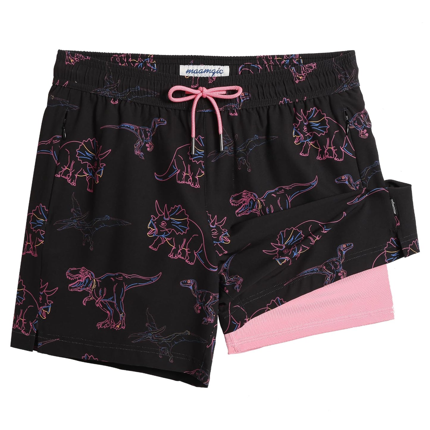 maamgic Mens Swim Trunks with Compression Liner 5" Stretch Athletic Swimming Shorts Quick Dry with Zipper Pockets No-Chafing Board Shorts Black-Pink Dinosaur X-Small