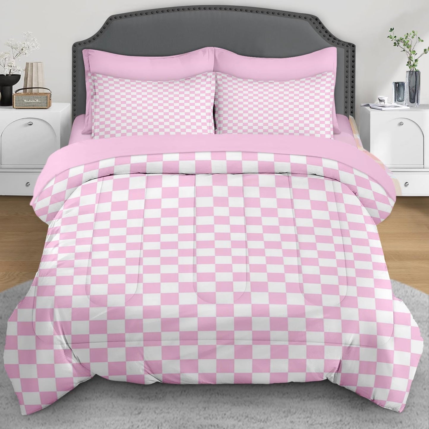 Plaid Checkerboard Grid Geometric Bean Pink Quilt Comforter Set 5 Pcs Twin Size, Checkered Modern Abstract Soft Bedding Set with Flat and Fitted Sheet Pillowcases Sham for Adults Bedroom Bed Decor