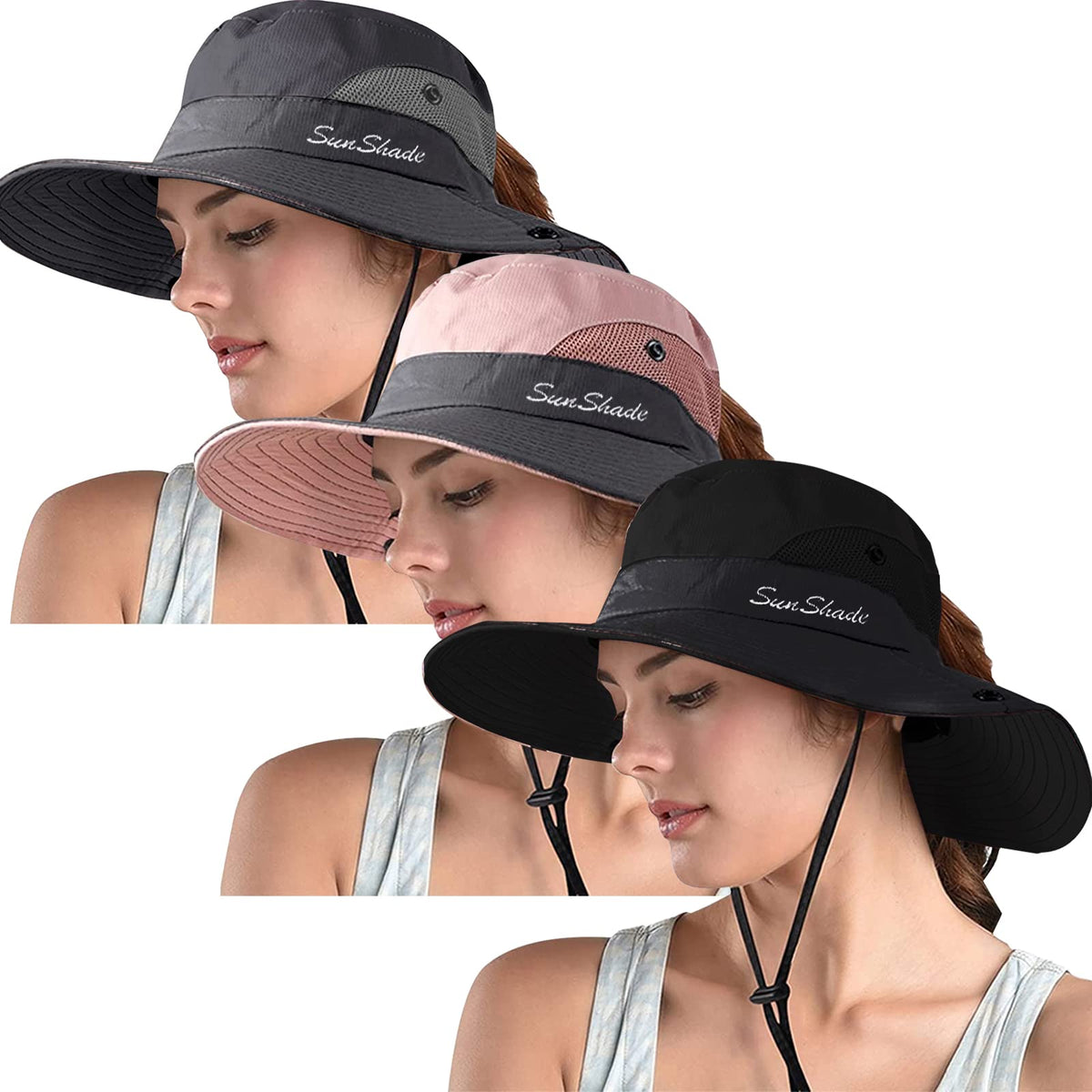 ZOORON 3 Pack Women's Ponytail Safari Sun Hat,Wide Brim UV Protection Outdoor Bucket Hat,Foldable Beach Summer Fishing Hat