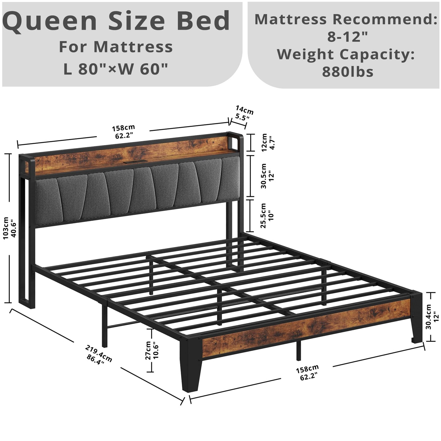 LIKIMIO Queen Bed Frame, Storage Headboard with Charging Station, Solid and Stable, Noise Free, No Box Spring Needed, Easy Assembly