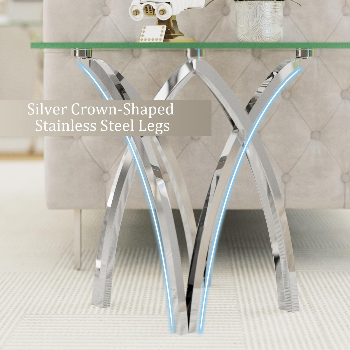 AUZ Glass End Table, 24" Square Side Table with Silver Crown Base for Home, Office