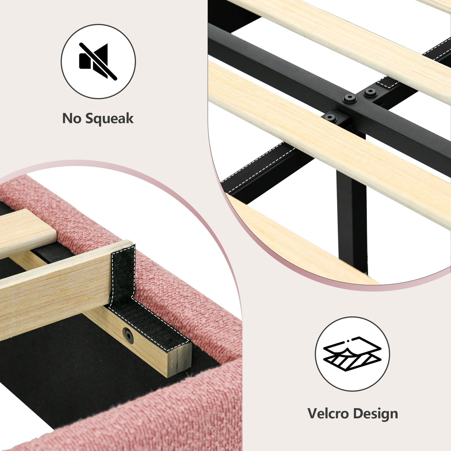 REVOMINCA Twin Boucle Bed Frame, Boucle Upholstered Platform Bed Twin Size with Headboard, Pink Bed Frame for Girls Kids, Low Profile Bed, Rounded Corners, No Box Spring Needed, Pink and White