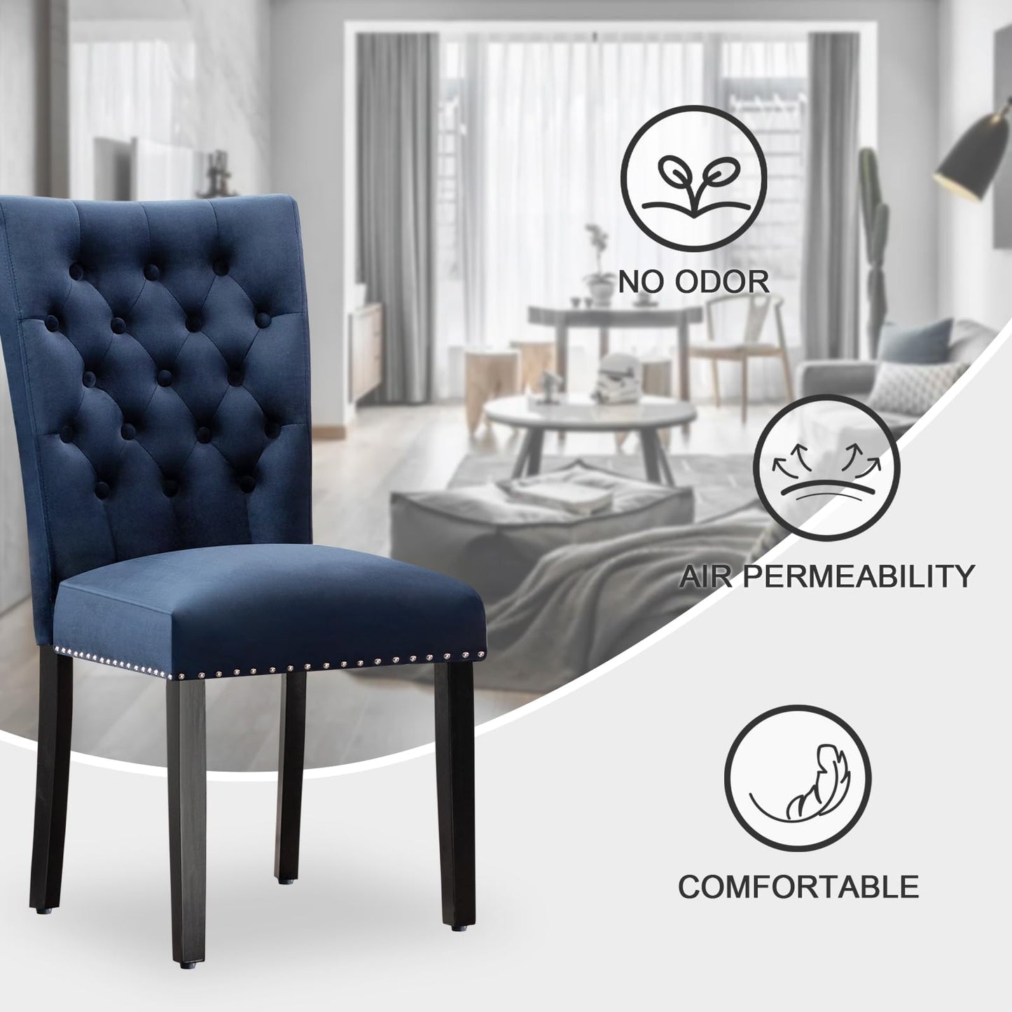adochr Velvet Dining Kitchen Chair Set of 6, Parsons Upholstered Dining Room Chair, Wood Accent Chair with Nailed Trim, Blue
