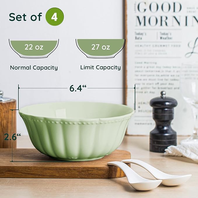 Ceramic Soup Serving Bowls for Kitchen, 6.4 Inch, Set of 4, Cereal Bowl Porcelain, Oven & Microwave Safe, Green