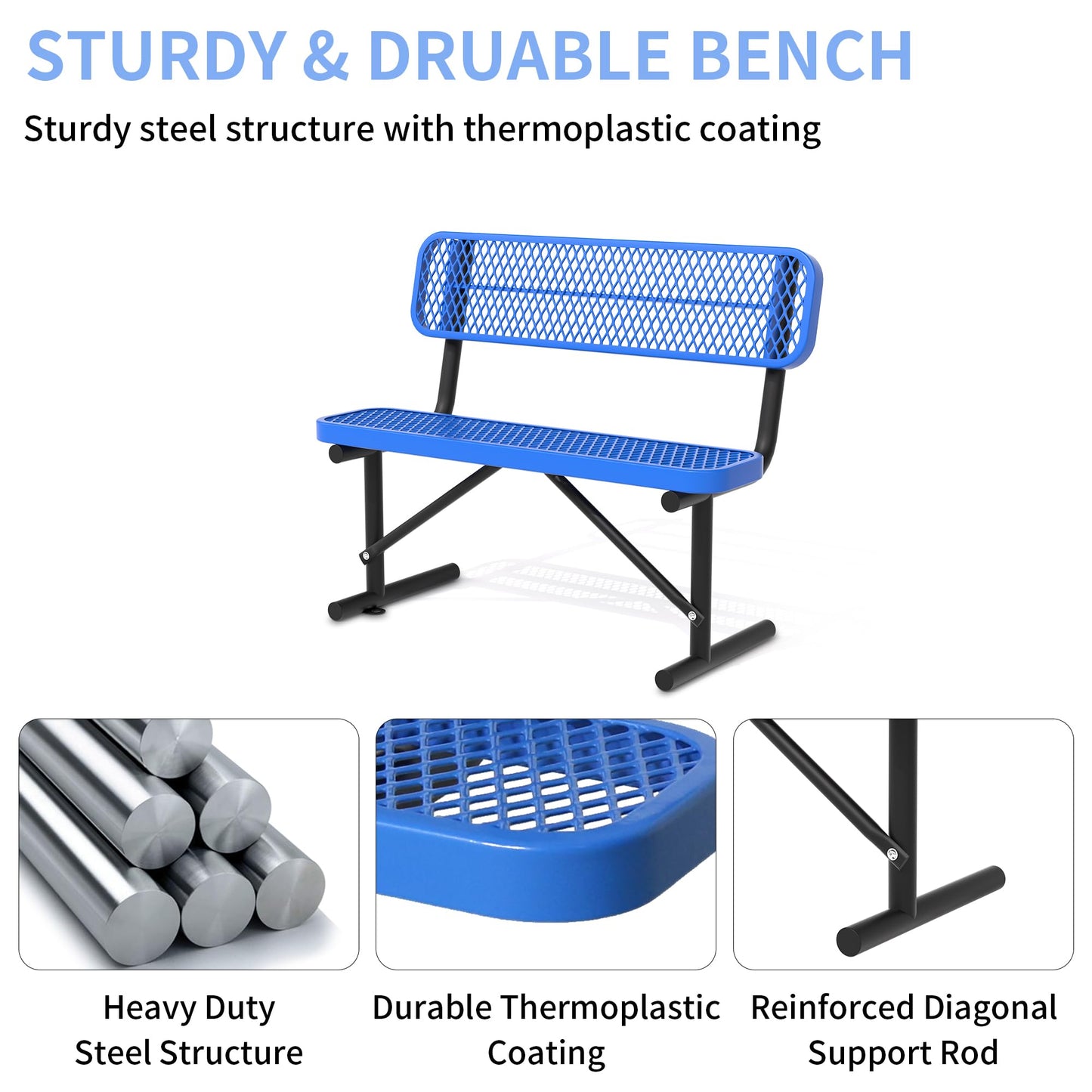 Sunnibety 4 Feet Heavy Duty Metal Park Bench for Outside, Outdoor Bench with Backrest & Portable Frame, Commercial Benches for Shopping Malls, Stores, Parks, Patios, Decks, Blue