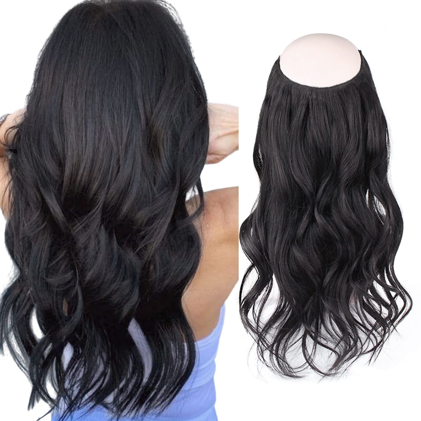 Sassina Invisible Wire Hair Extensions Real Human Hair with Transparent Wire Adjustable Size Secure Clips Natural Straight Secret Miracle Hairpiece, Jet Black 12 Inch 80 Gram