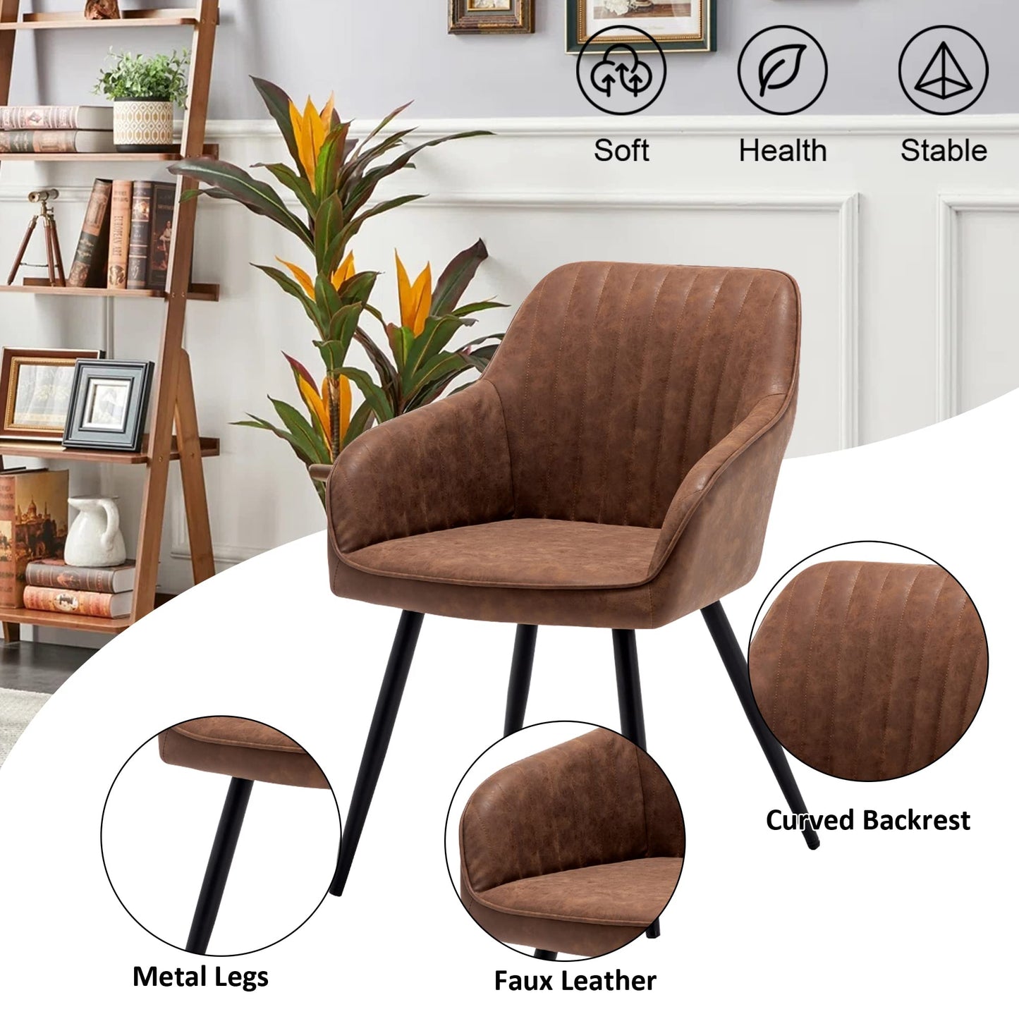 annjoe Faux Leather Accent Arm Chairs for Living Room Leisures/ Upholstered Chair with Metal Legs Set of 2 for Home Kitchen Office Bistro Cafe, Brown