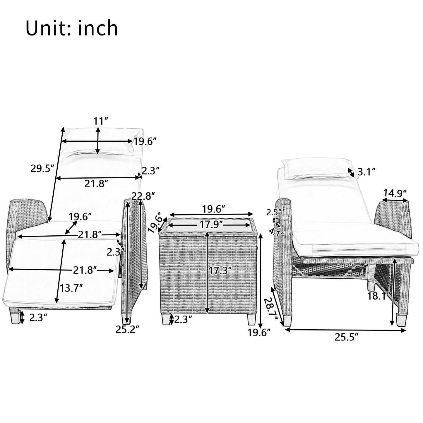 CHSICFOR Outdoor Rattan Patio Recliner Chairs, 2-Person Chairs with Coffee Table, Adjustable Backrest for Courtyard, Swimming Pool, Balcony (Beige)