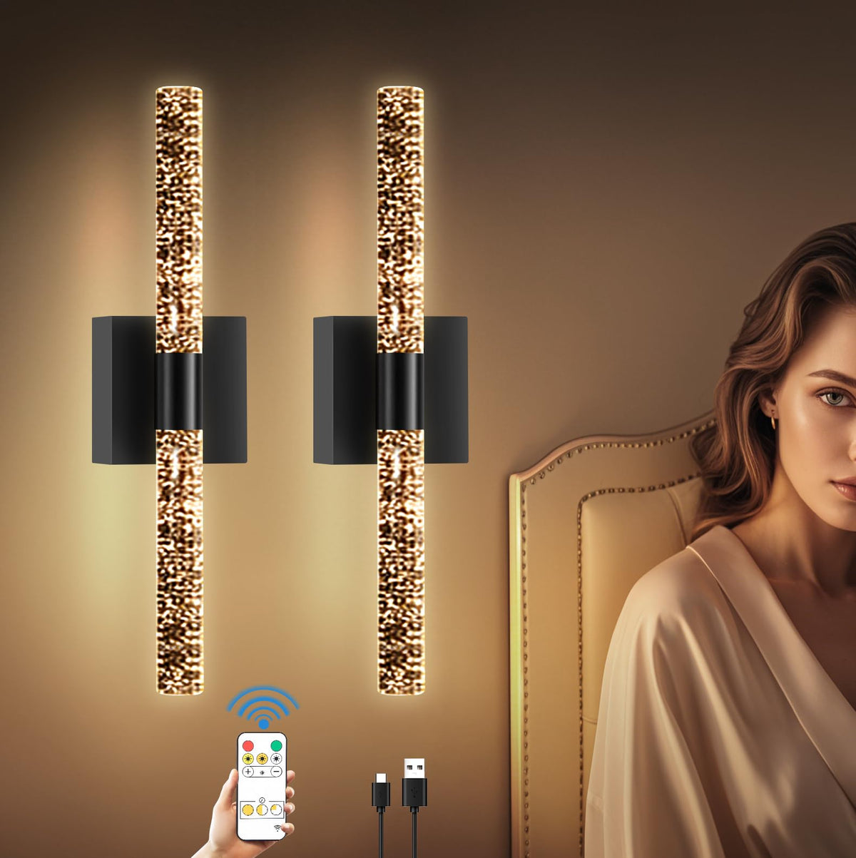 DZW 10000mAh Battery Operated Wall Sconce Set of Two,16.9 Inch Rechargeable Modern Crystal Bathroom Sconces,LED Wall Sconce, 3000K-6000K Dimmable Wall Lights for Vanity Living Room, Bedroom, Hallway