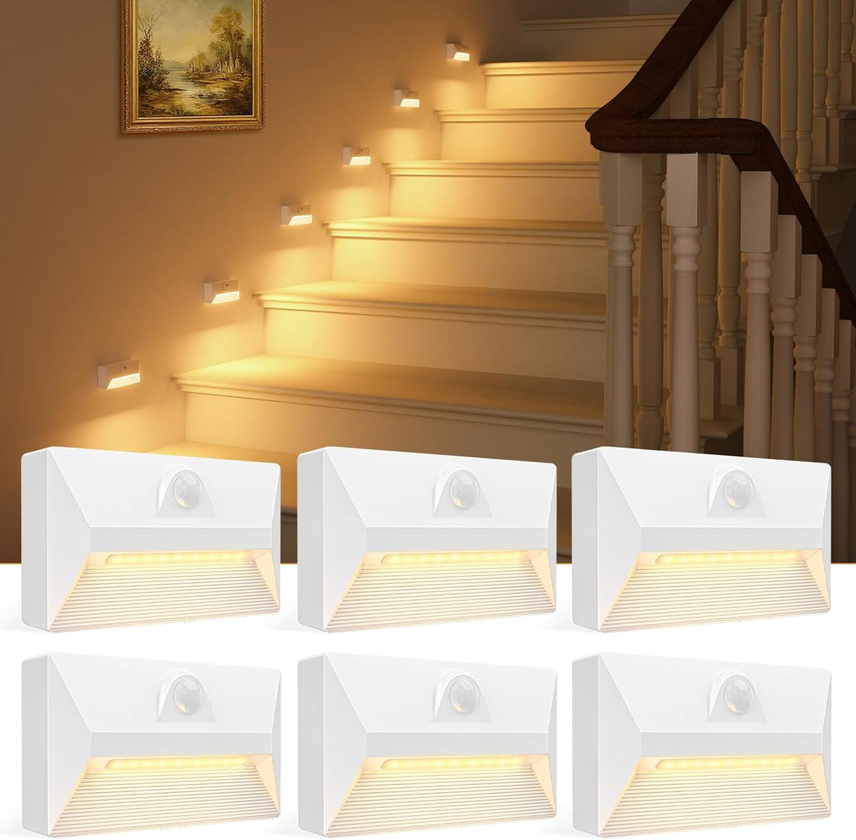 VOLISUN Motion Sensor Rechargeable Stair Lights, 3 Modes 3CCT 6Pack,White