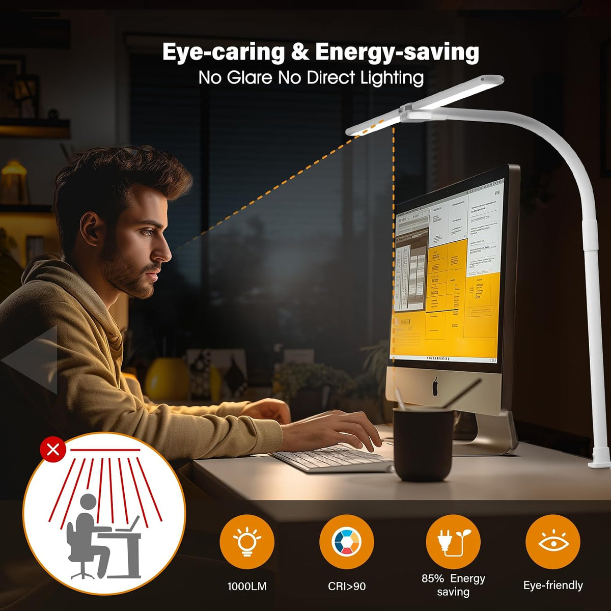 SIBRILLE LED Desk Lamp for Home Office - Dimmable Computer Desk Light with Clamp, Modern Architect Task Lamp with Color Changing, Flexible Desktop Lamp with Gooseneck for Monitor, Double Head, White