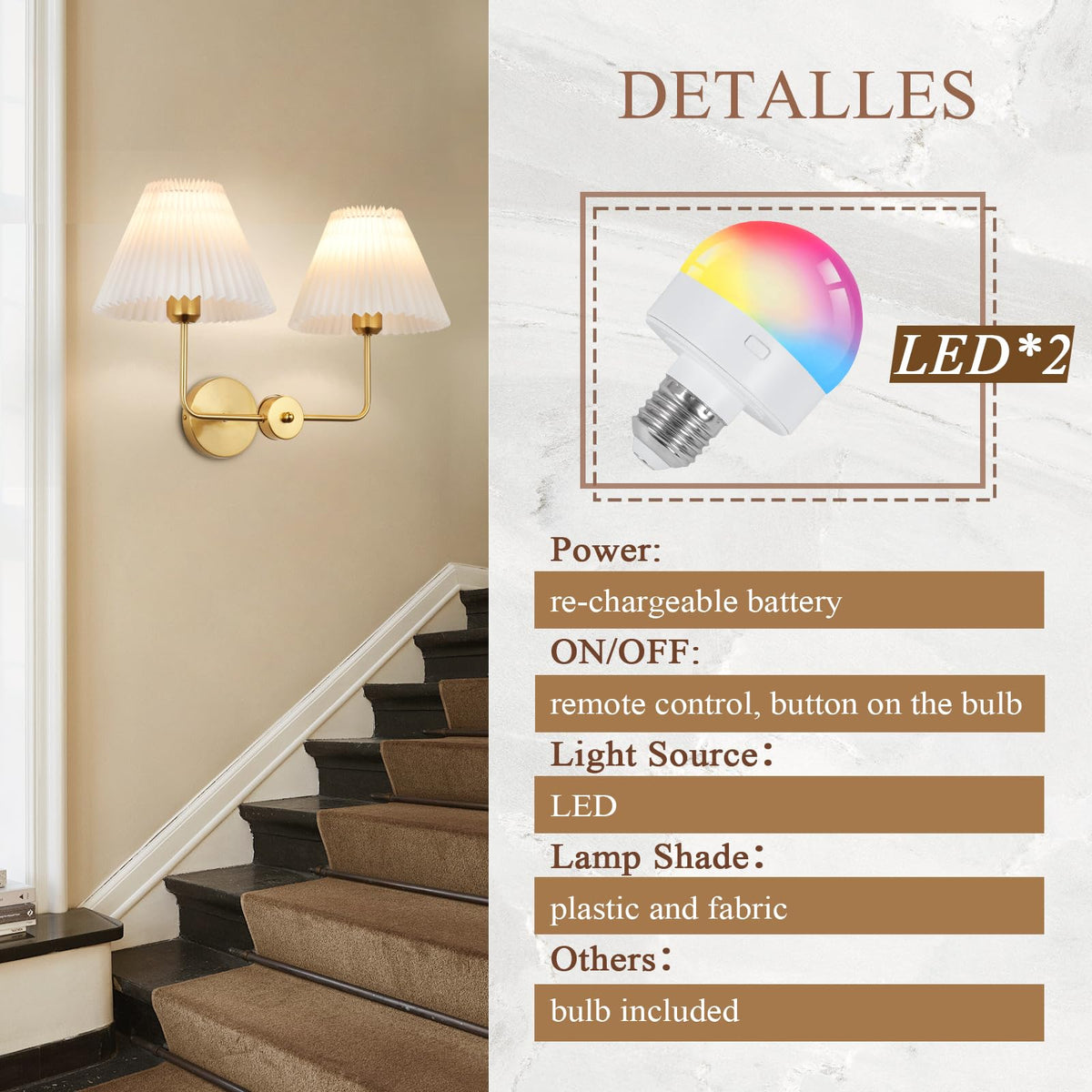 Rnzziw Double Light Battery Operated Wireless Wall Sconces with White Pleated Fabric lampshade, 2-Light Antique Brass Sconce for Bathroom Vanity Hallway Stairway Living Room (Gold)