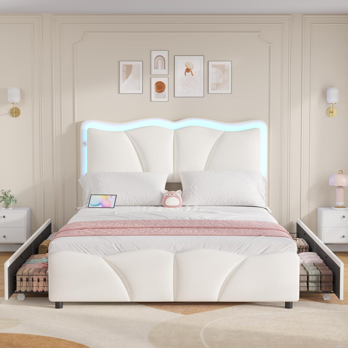 Full Size Upholstered LED Bed Frame with Adjustable Chic Petal Headboard, Velvet Platform Storage Bedframe with 4 Drawers and Charging Station, No Box Spring Needed, Wooden Slats Support, Beige