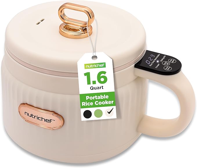 NutriChef 1.6 QT Portable Electric Rice Cooker & Lunch Maker | Multi-Functional & Non-Stick Ceramic Coating | Digital Control Panel | 6 Cook Functions: Rice, Soup, Stew, Porridge & More | White