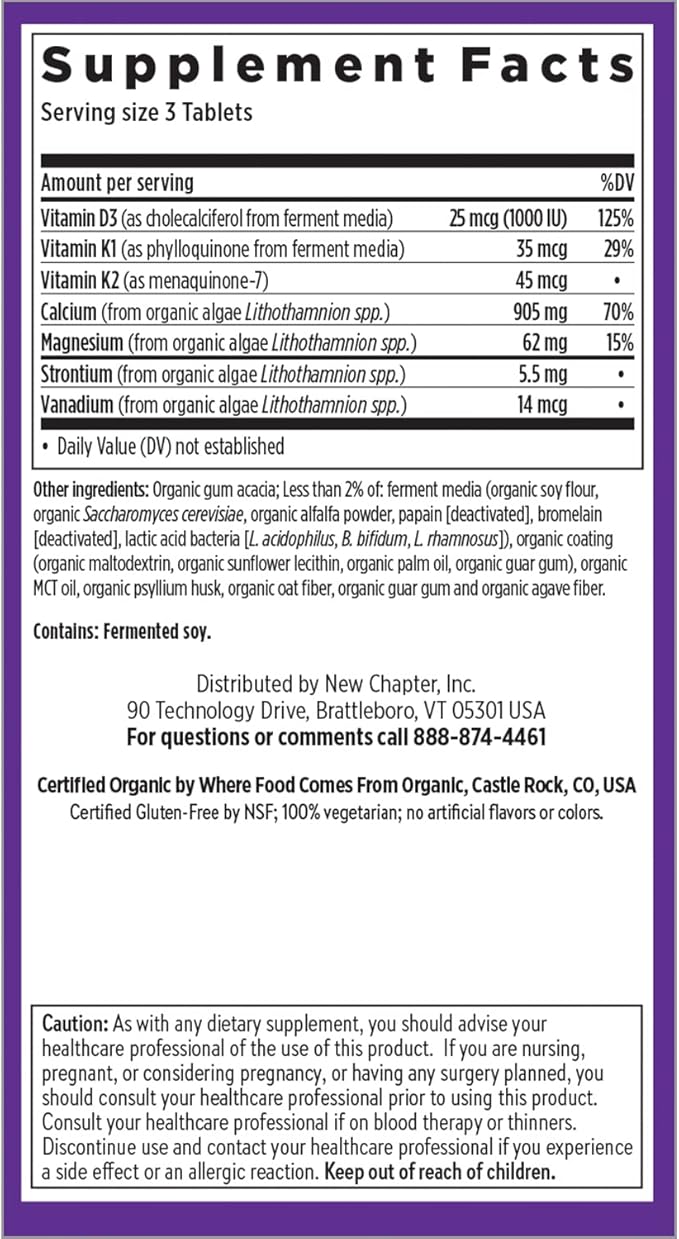 New Chapter Calcium Supplement - Bone Strength Organic Calcium with Magnesium, Vitamin D3+K2, 70+ Trace Minerals for Bone Health, Gluten Free, Easy to Swallow Slim Tablets - 180 Count