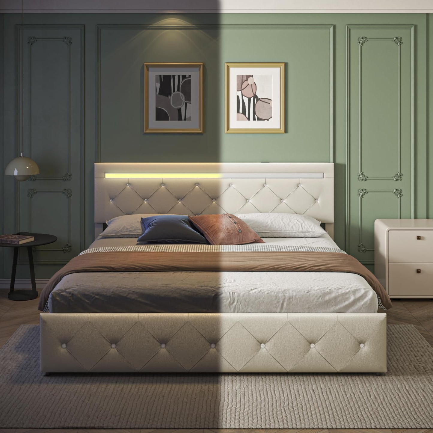 Forrise Bed Frame Full Size with LED Light and Storage Drawers, Adjustable Headboard with PU Leather Upholstered, 2 Sockets and 2 USB Ports, No Box Spring Needed,Wooden Slats Support, White.