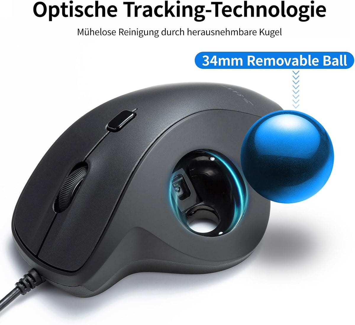 SANWA Wired Trackball Mouse, USB-C/A, Silent Clicks, Programmable, Blue