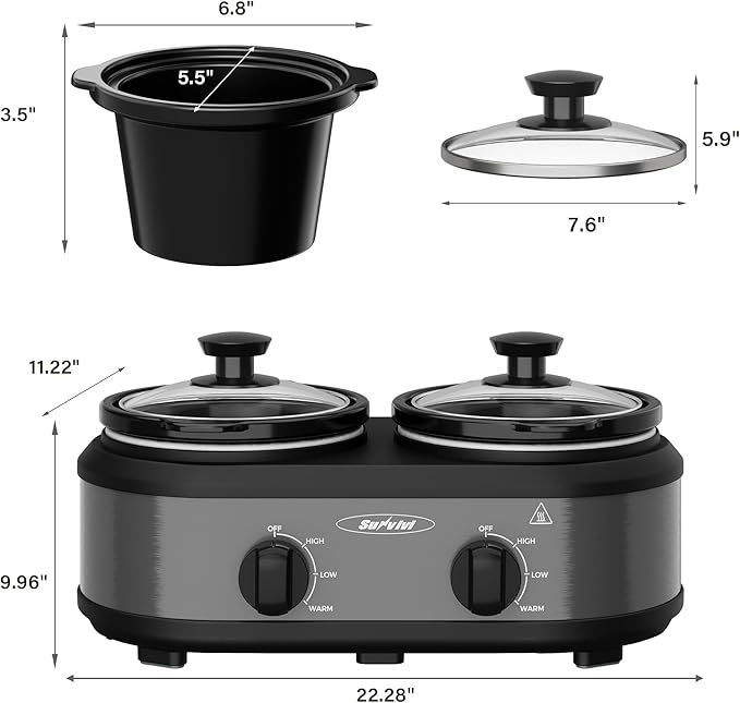 2 * 1.25 Quarts Dual Slow Cooker, Buffet Server & Warmer with 2 Removable Ceramic Pots, 3 Adjustable Temp Settings & 2 Visible Glass Lids, Stainless Steel, Grey