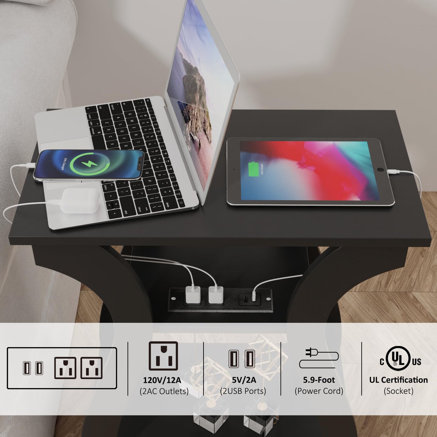 FROMJBEST End Table with Charging Station, Side Table with USB Ports and Outlets, 3 Tier Nightstand Sofa Table for Small Spaces, Beside Table with Storage Shelf for Living Room, Bedroom