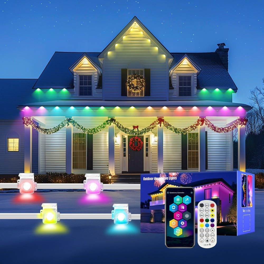 Permanent Outdoor Lights, 150FT RGB LED Smart Eaves Lights with 90 LEDs, IP67 Waterproof, Remote/APP Control, DIY Scene Modes, Music Sync Lighting for Party, House, All Holiday Decorations