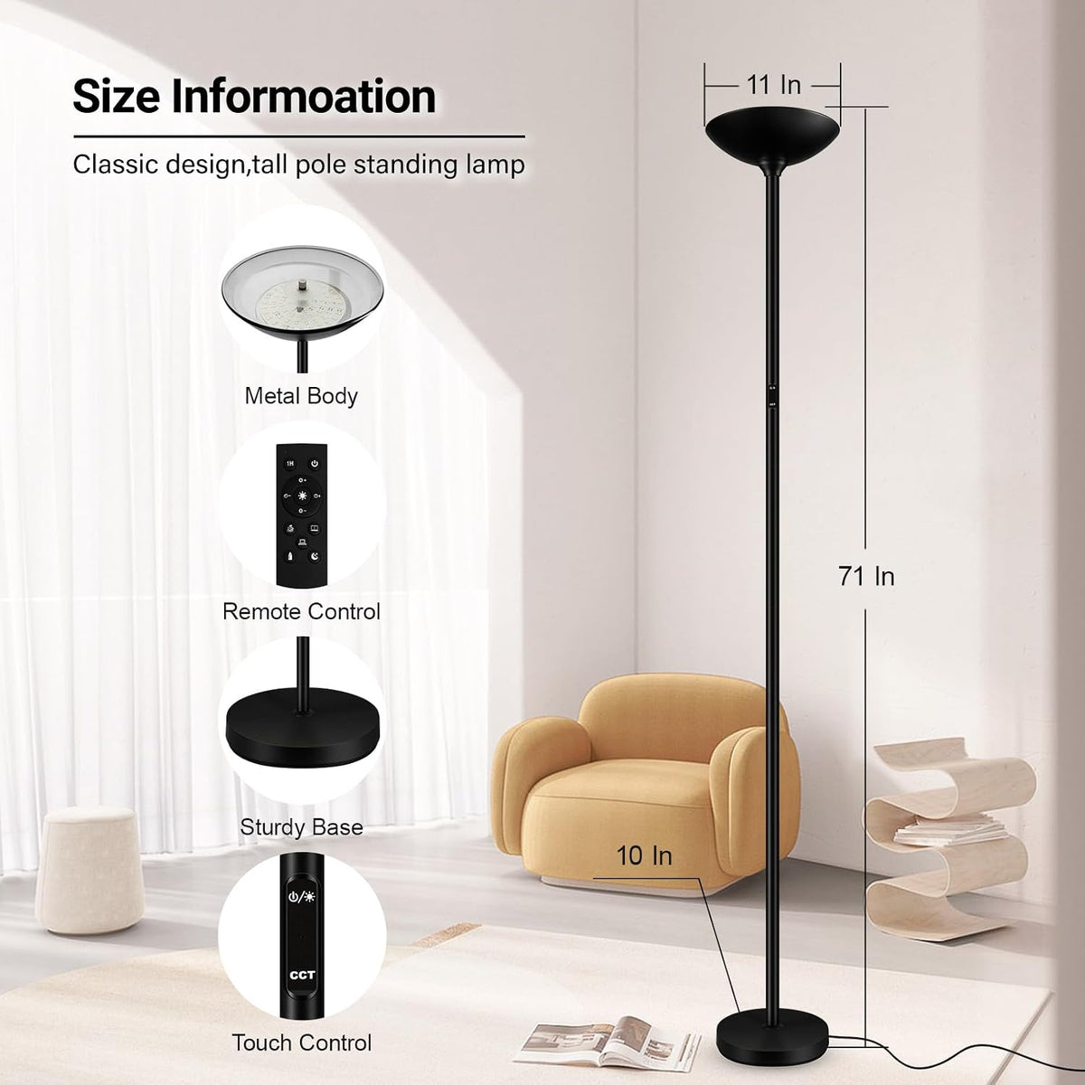 Dimmable Floor Lamp, Black, 30W 3000LM LED Torchiere Standing Lamp