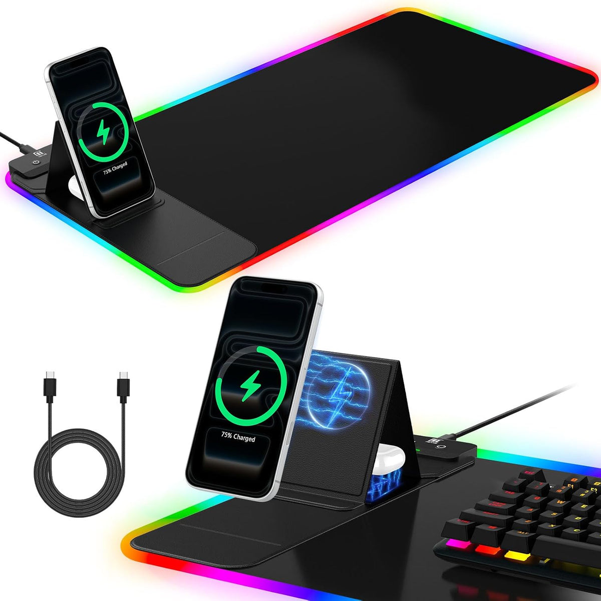 RGB Mouse Pad with Foldable Phone Stand & Wireless Charger, 31.5"x11.8" XL Gaming Mousepad Large Desk Mat, Desk Pad with Dual Charging for Phone & AirPods | 11 Colors & 5 Modes | Waterproof
