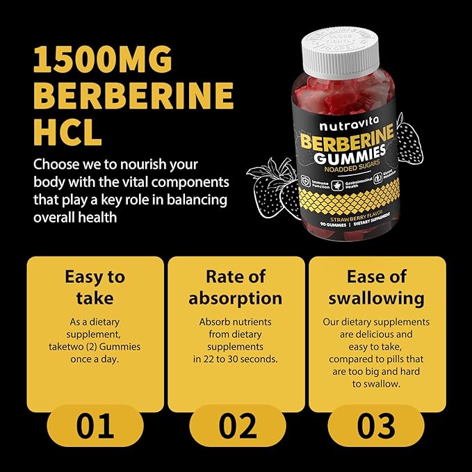 Berberine Gummies with Ceylon Cinnamon 1500mg High Potency Berberine HCL Supplement for Immune and Metabolism Support, Sugar Free Organic Berberine Gummies Strawberry Flavor-2PACK