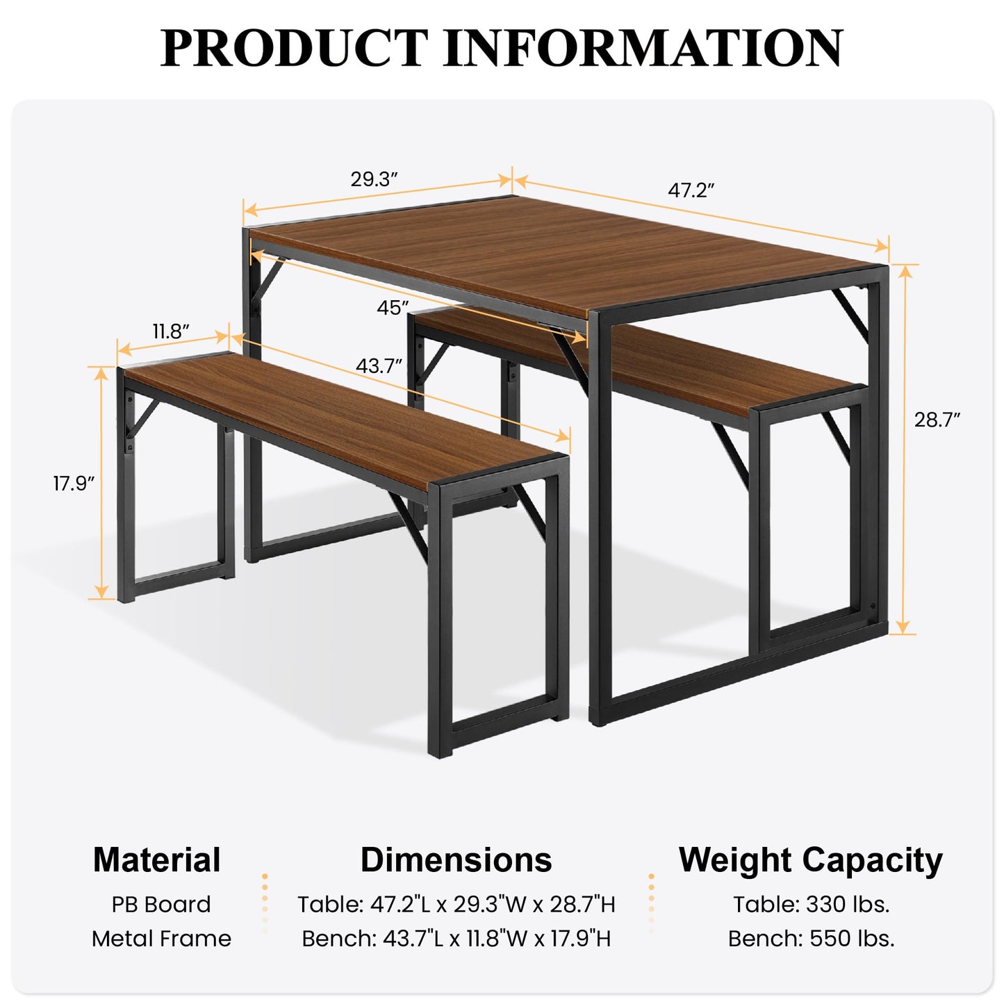 SHA CERLIN Kitchen Dining Table Set for 4 with Benches, Rustic Small Space Saving Dinette, Heavy Duty Metal Frame
