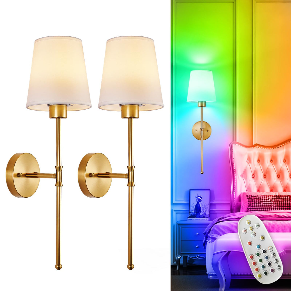 Depuley Battery Operated Wall Sconce: Set of 2 Wireless Wall Lights with Remote for Bedroom - Rechargeable 15 Colors Gold Wall Lamp for Living Room Hallway