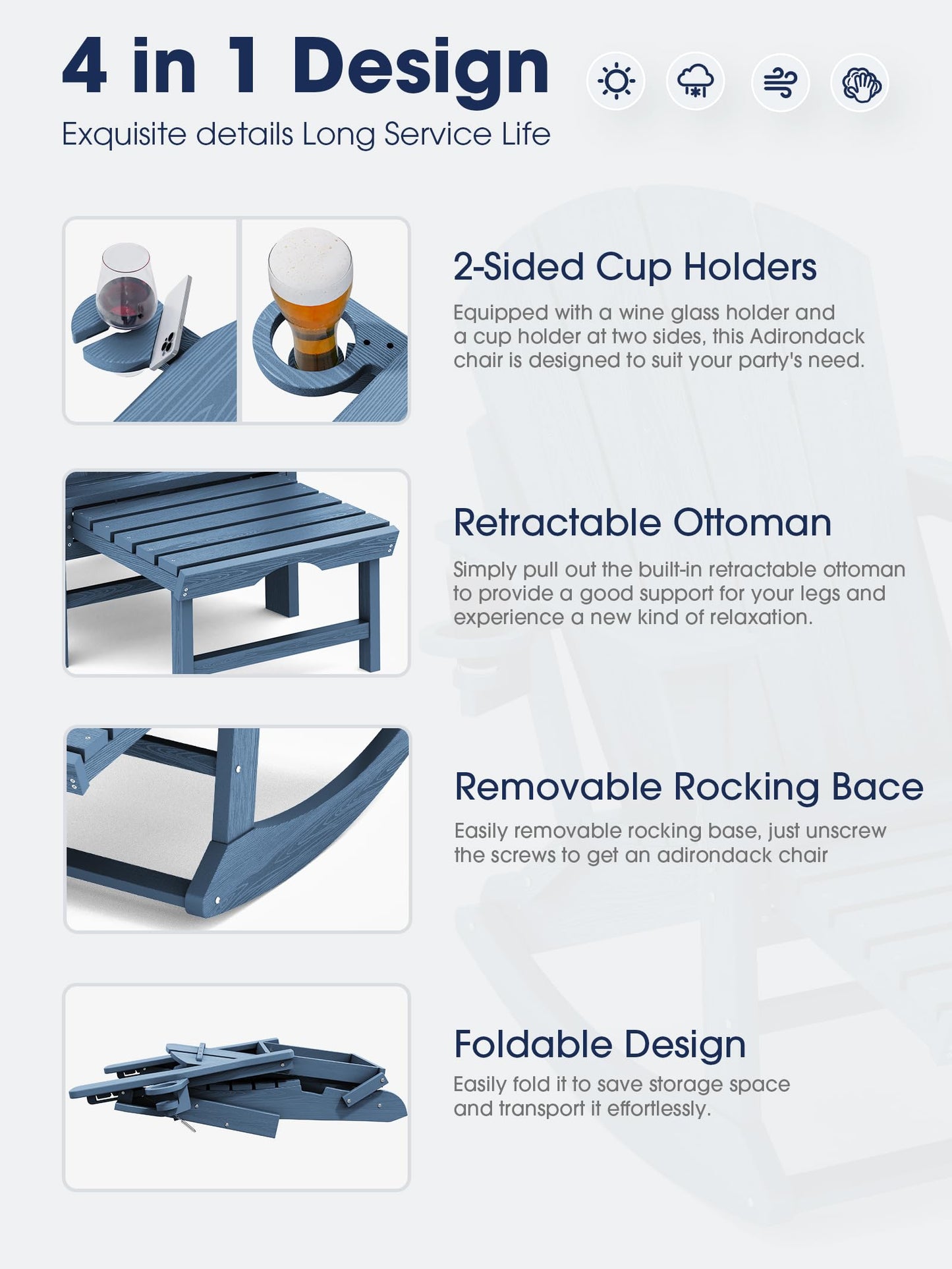 KINGYES Adirondack Rocking Chair Set of 2 with Retractable Ottoman and Cup Holders, HDPE Adirondack Rocker Patio Rocking Chair for Porch, Patio, Balcony, Deep Blue