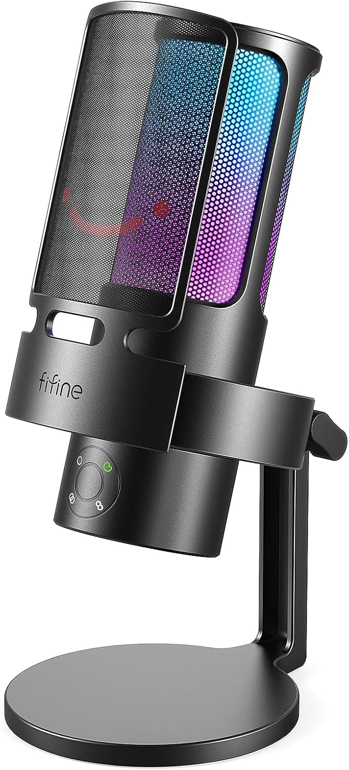 FIFINE A8T Pink USB Condenser Gaming Microphone, RGB Boom Arm Mic for PC