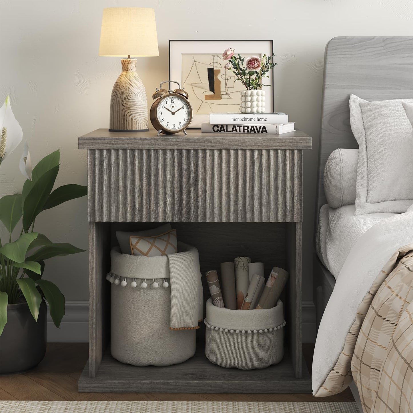 UNIQUITE Fluted Nightstand, 22.8" Wide Nightstands with Drawer Storage Large Wood BedsideTable Night Stand for Bedroom, Grey Oak