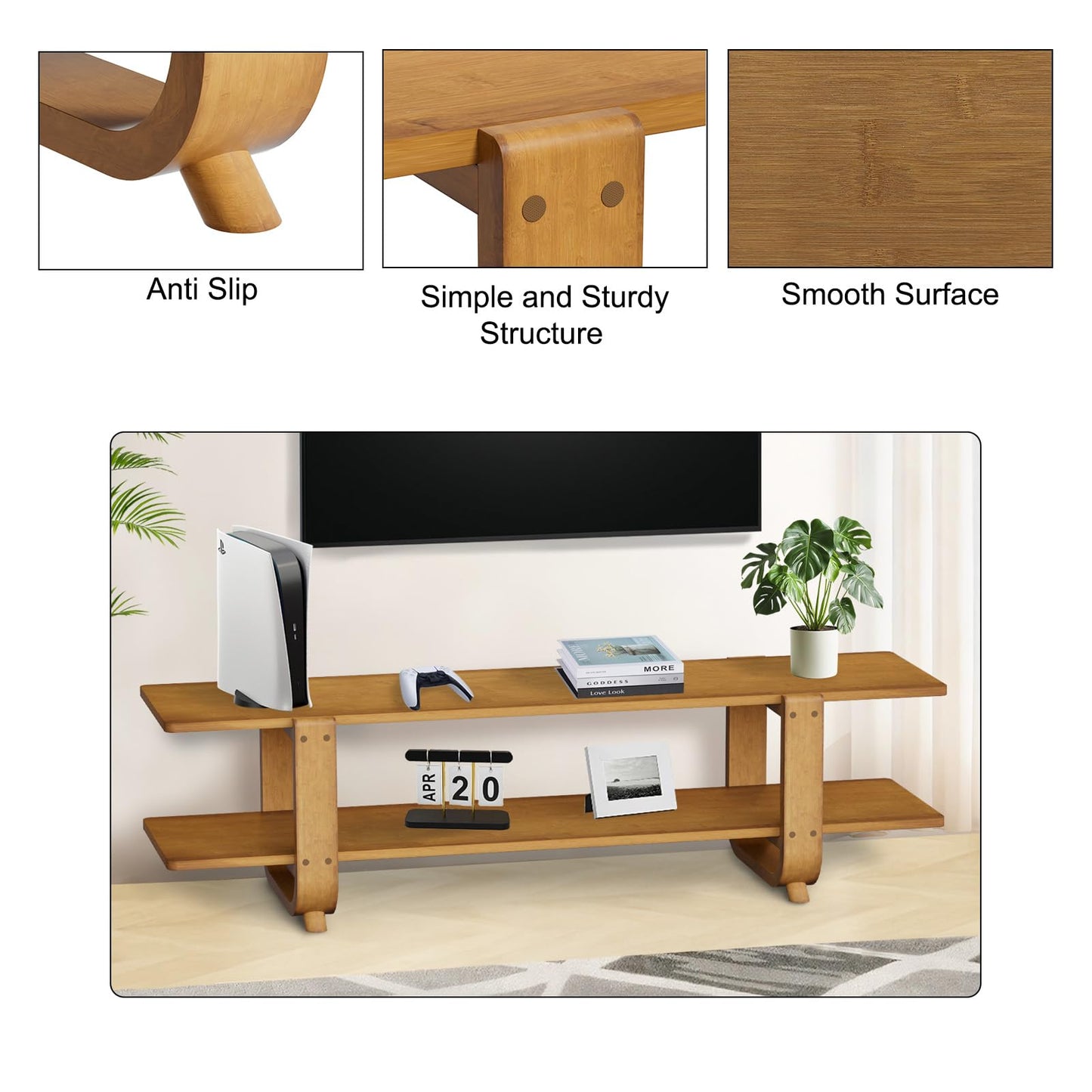 Mordchil HF Bamboo TV Stand for TVs up to 65", Accent Entertainment Center with Storage, Media Console Table with Shelf, Modern TV Stand for Living Room, Bedroom, 55"(L), Walnut