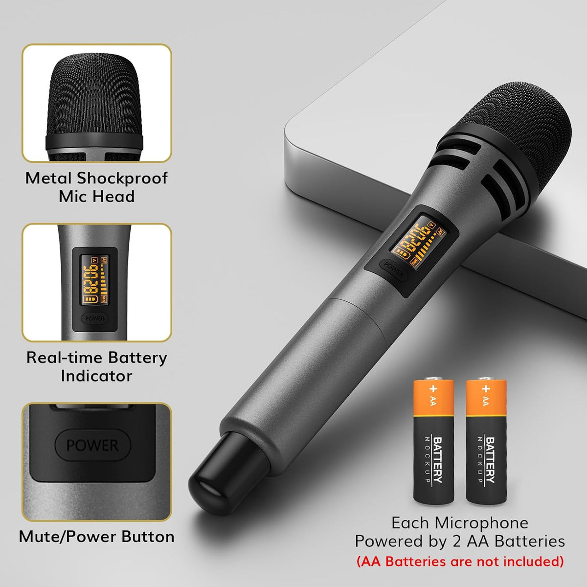 TONOR Wireless Microphones, 4 UHF Karaoke Microphone System, Microfonos Inalambricos with Rechargeable Receiver, Cordless Dynamic Mics Set for Singing, Wedding, Party, 60 m/200ft TW361, 4 Mics Grey