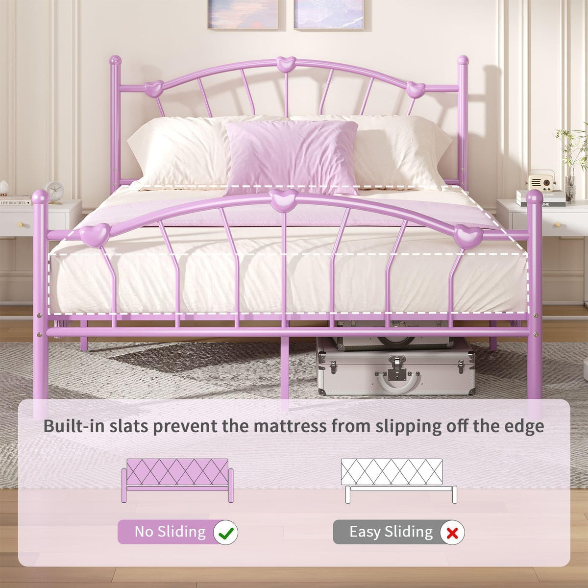 Full Size Metal Platform Bed Frame, Full Bed Frame with Heart-Shaped Decorative Headboard and Footboard, Heavy Duty Metal Slat Support, No Box Spring Needed, Noise-Free, Easy Assembly, Purple