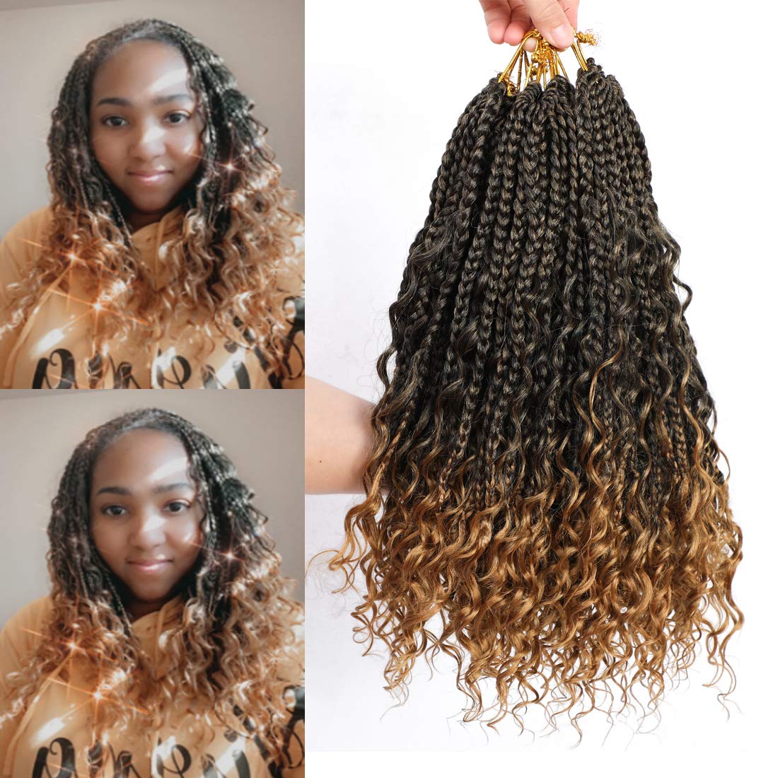 Box Braids Crochet Braids Curly Ends 14 Inch Goddess Box Braids Crochet Hair Synthetic Crochet Hair Extensions (14(8Packs), 1B/27)