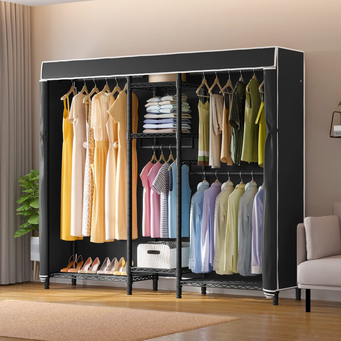 VIPEK V6C Heavy Duty 5 Tiers Wire Garment Rack Large Size Wardrobe Closet Black Metal Clothing Rack with Black Oxford Fabric Cover, 75.6" L x 18.5" W x 76.4" H, Max Load 780 LBS