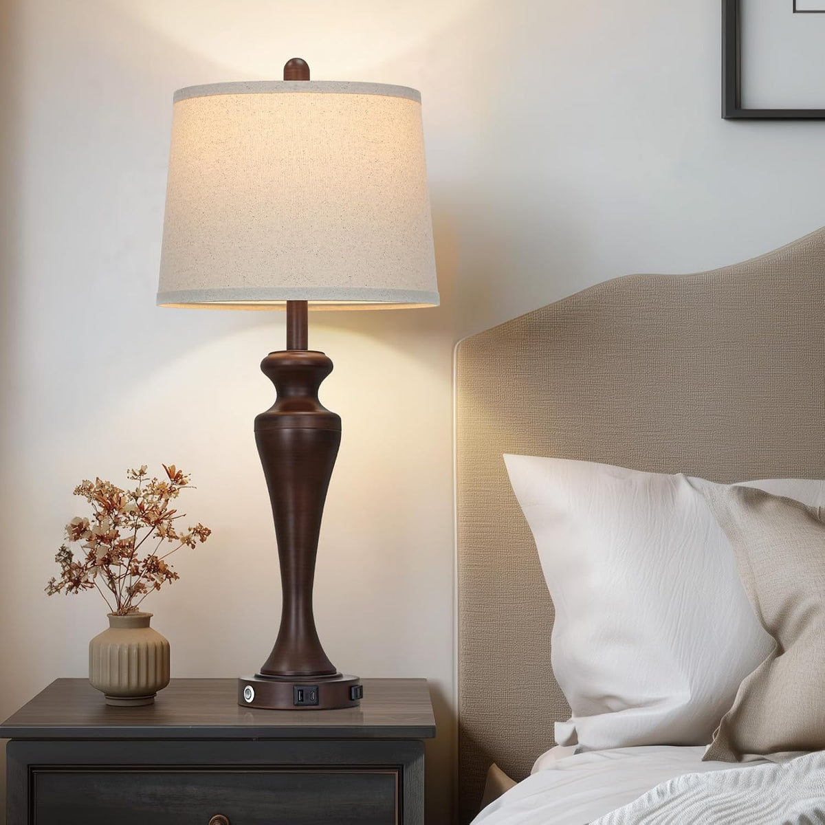 30" Brown Touch Table Lamps Set of 2, 3-Way Bedside Lamp with USB A+C Ports and AC Outlet, Tall Living Room Lamps for End Table, Modern Metal Bedroom Lamp for Night Stand