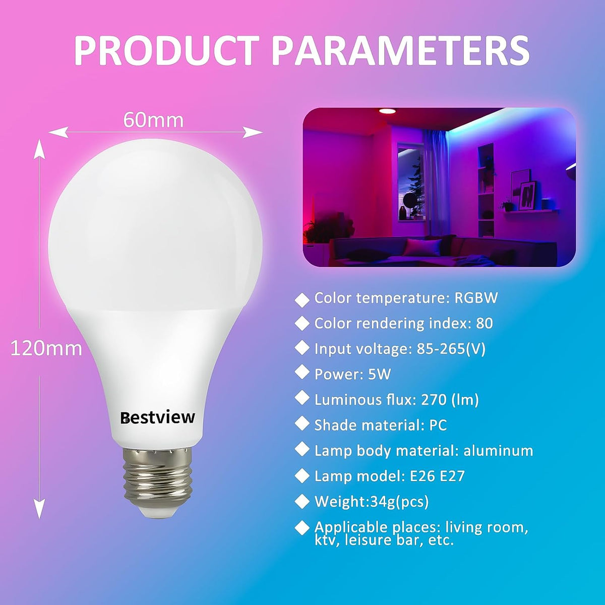 Bestview E26/E27 5W Led RGB Color Changing Light Bulbs with Remote Control