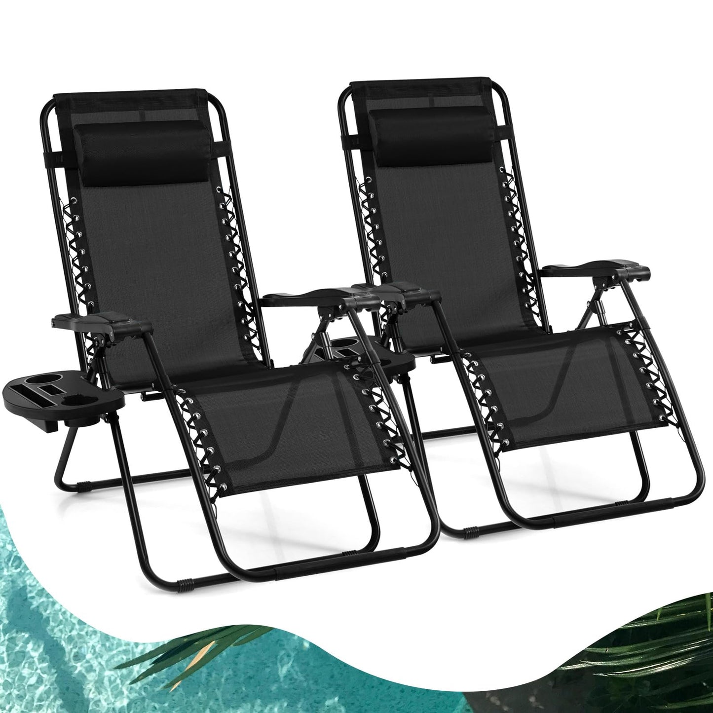 Goplus Zero Gravity Lounge Chairs, 160°Adjustable Folding Recliner w/Pillow and Cup Holder, 350LBS Comfy Outdoor Lounge Chairs for Patio, Lawn, Yard & Camp(Set of 2, Black)