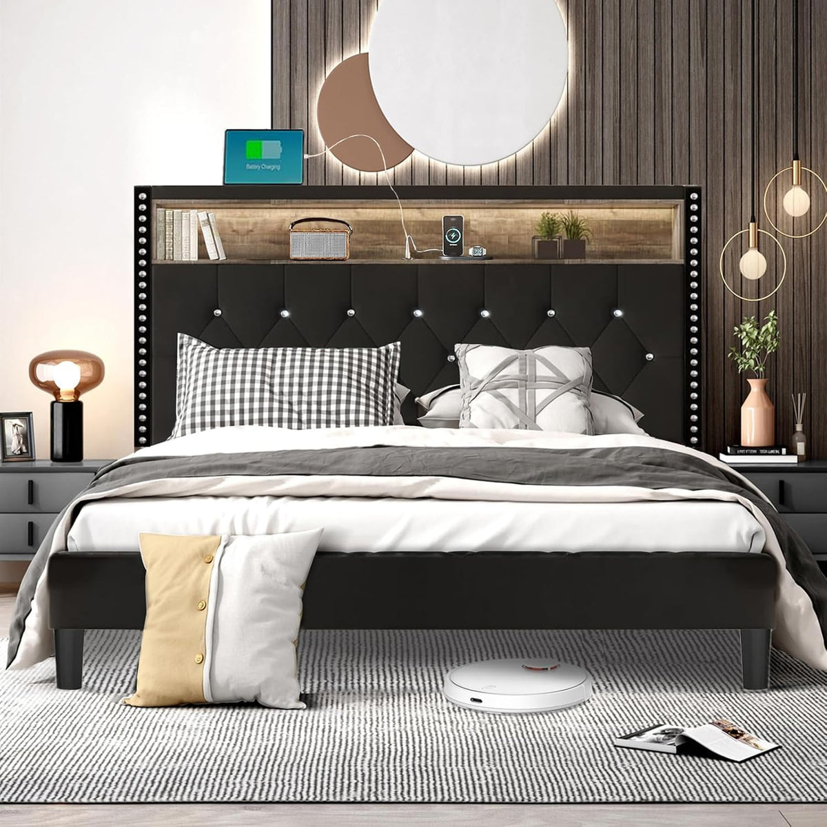 HOMBCK Queen Bed Frame with Charging Station and LED, Upholstered Platform Bed Frame Queen Size with Diamond Tufted Storage Headboard, Wood Slats Support, No Box Spring Needed, Easy Assembly, Black