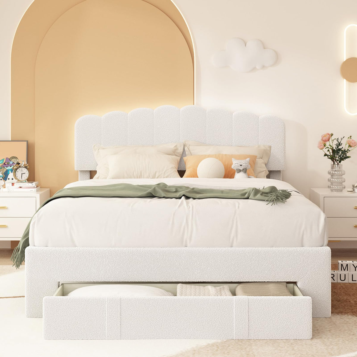 Bonzy Home Full Bed Frame with Storage Drawers and Adjustable Headboard, Modern Bed Frame with White Light, Wooden Slats Support, No Box Spring Needed, White