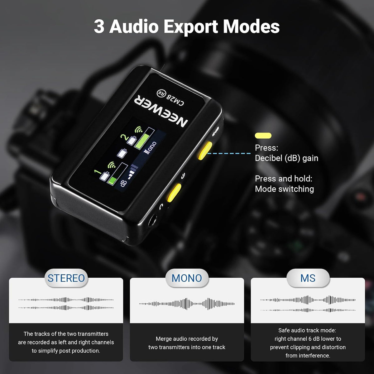 NEEWER CM28 Wireless Lavalier Microphone, Smart Noise Cancelling Lav Mic, 48KHz/16Bit 9hrs Uncompressed Recording, 200m Range, 4GB Storage for iPhone, Android, Camera, 1 RX + 2 TX + Charging Case